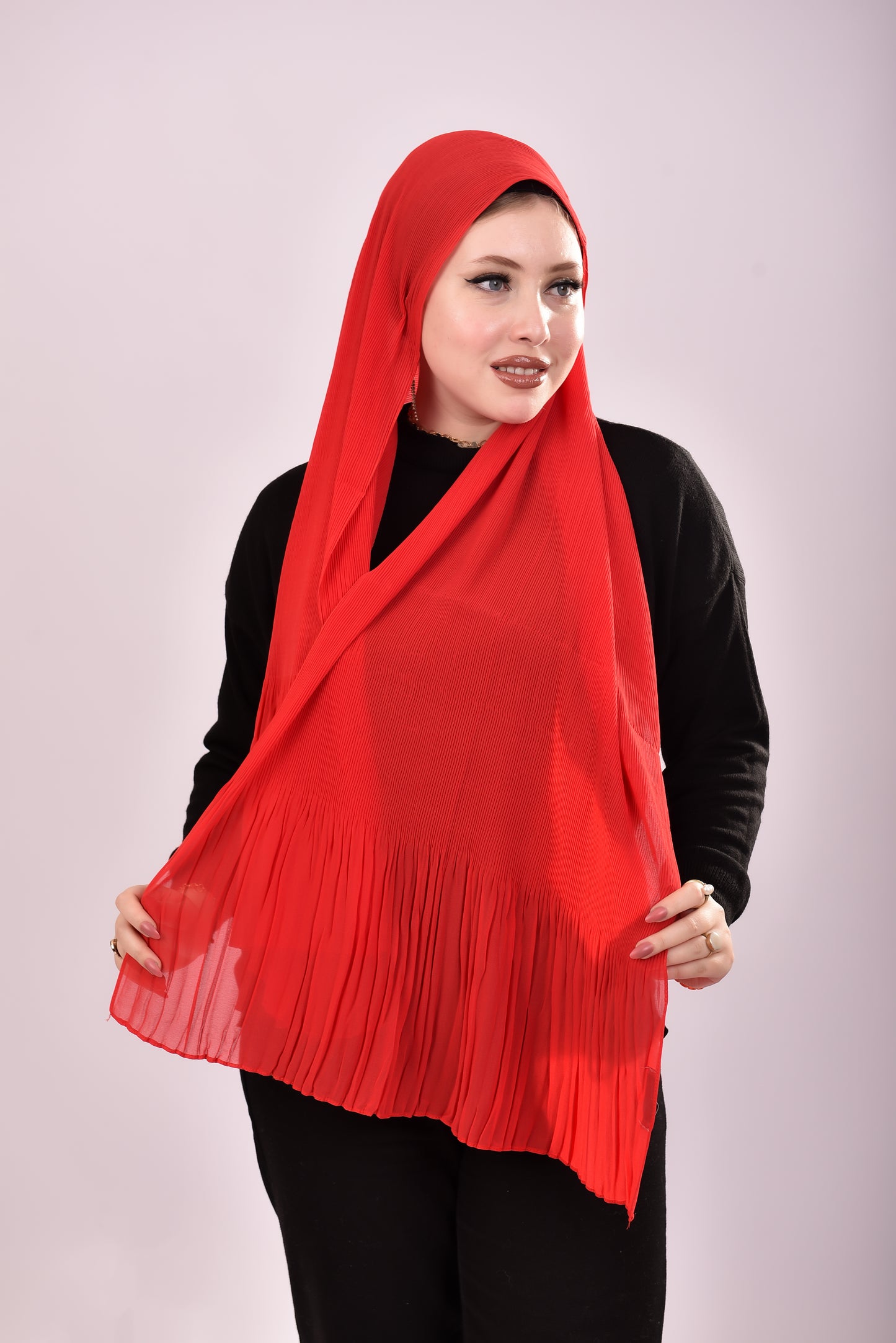 Pleated Chiffon Scarf -  Red