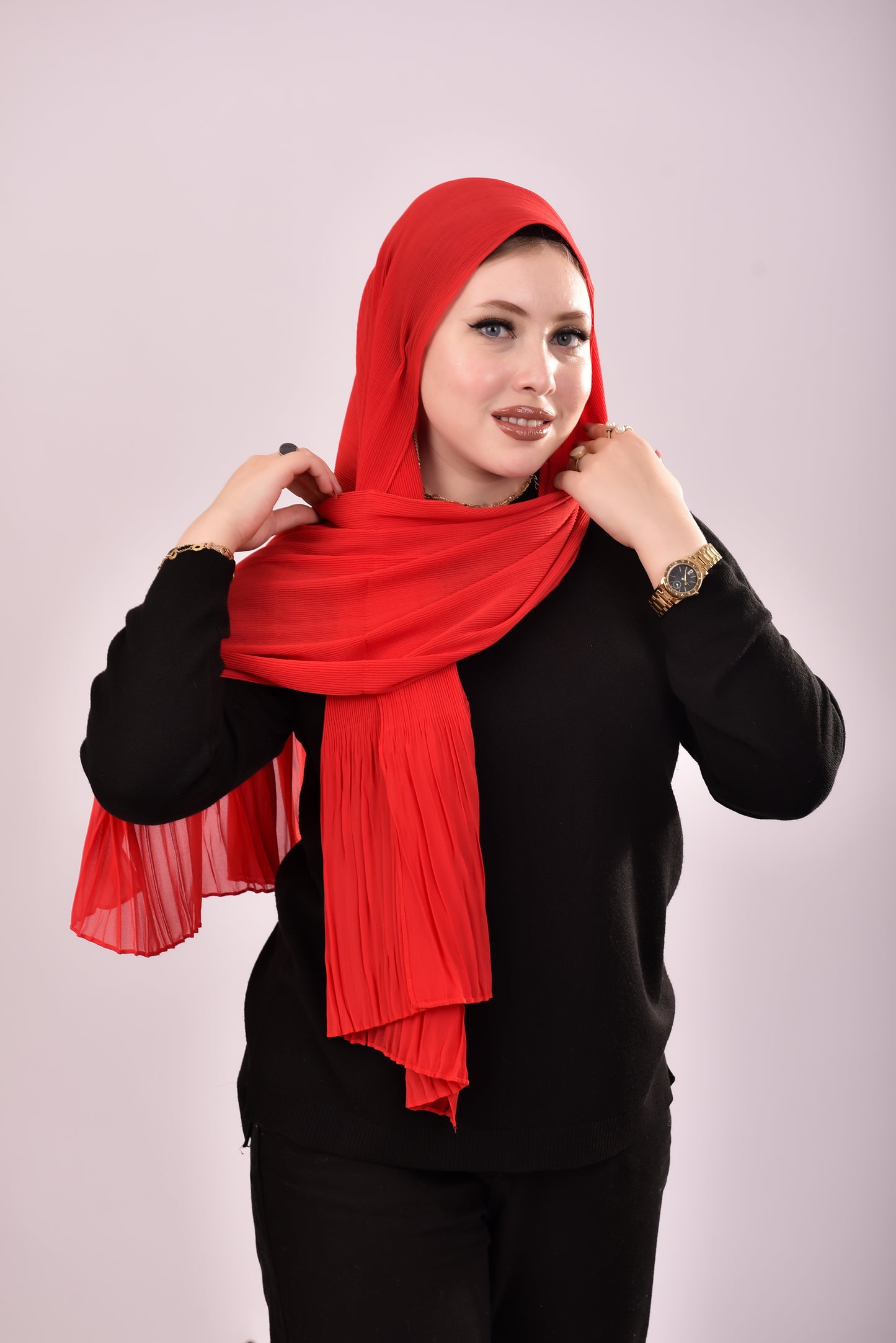Pleated Chiffon Scarf -  Red