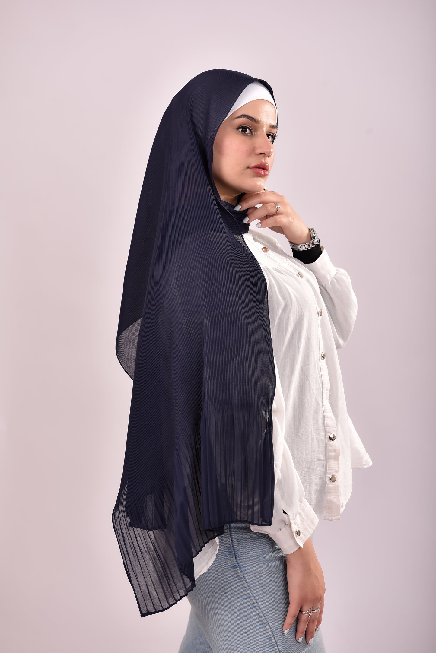 Pleated Chiffon Scarf - Navy
