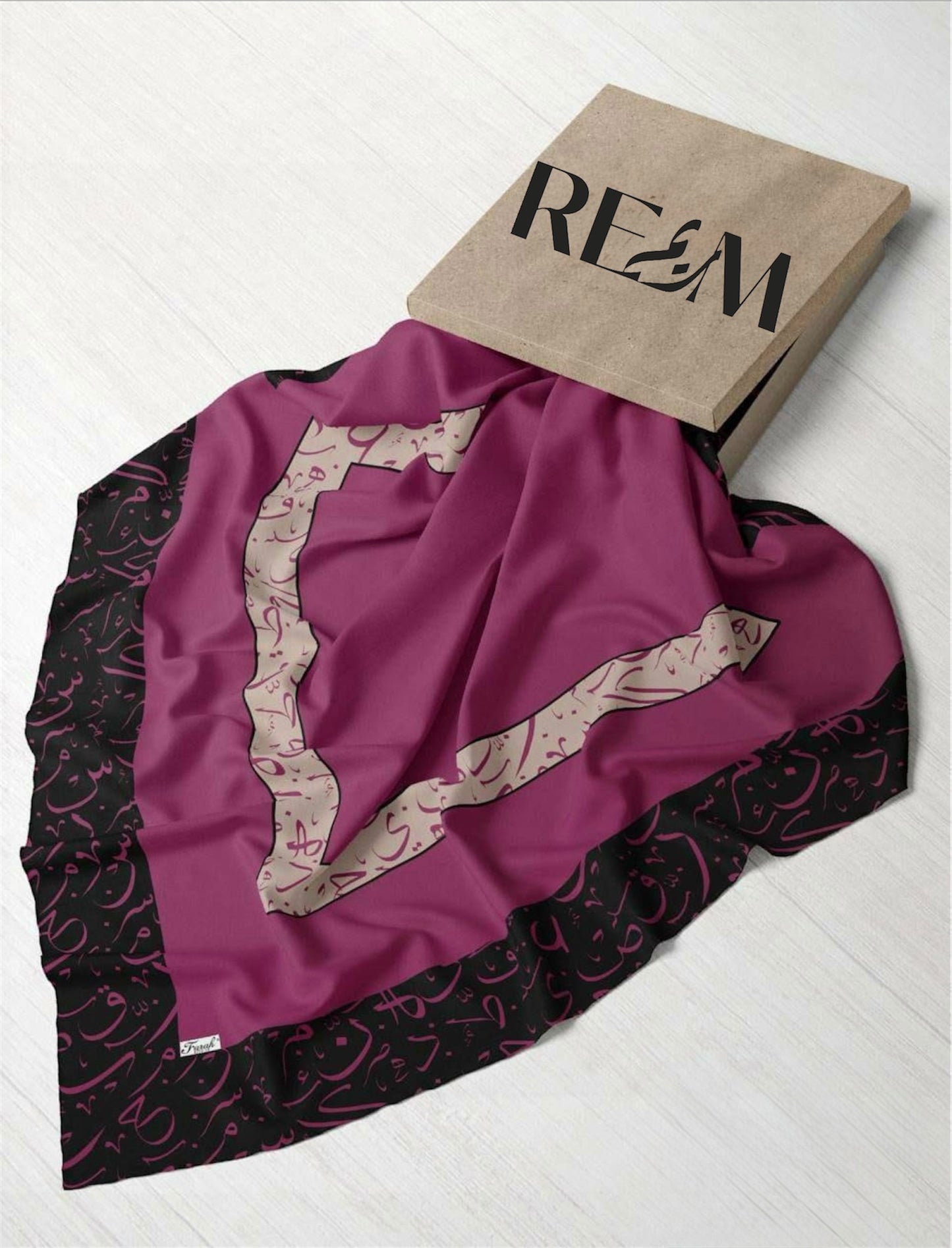 Arabic Calligraphy Square Chiffon: Dark Fuchsia-Black- Beige