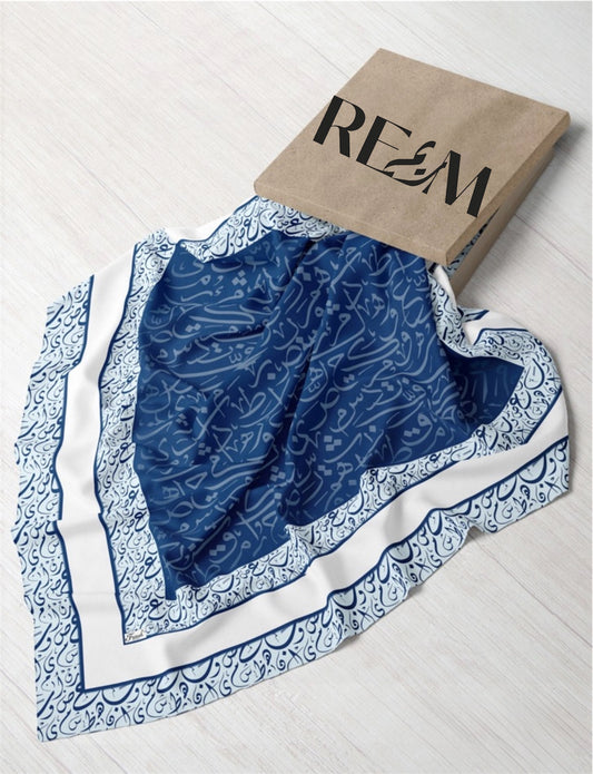 Arabic Calligraphy Square Chiffon: Dark Blue-Light Blue- White